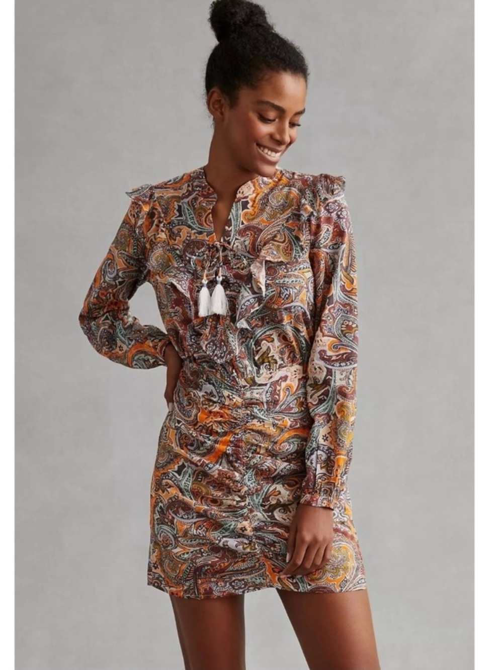 Anthropologie Bohemian Western Ruffle Lace Up Paisley Long Sleeve Dress Size 8